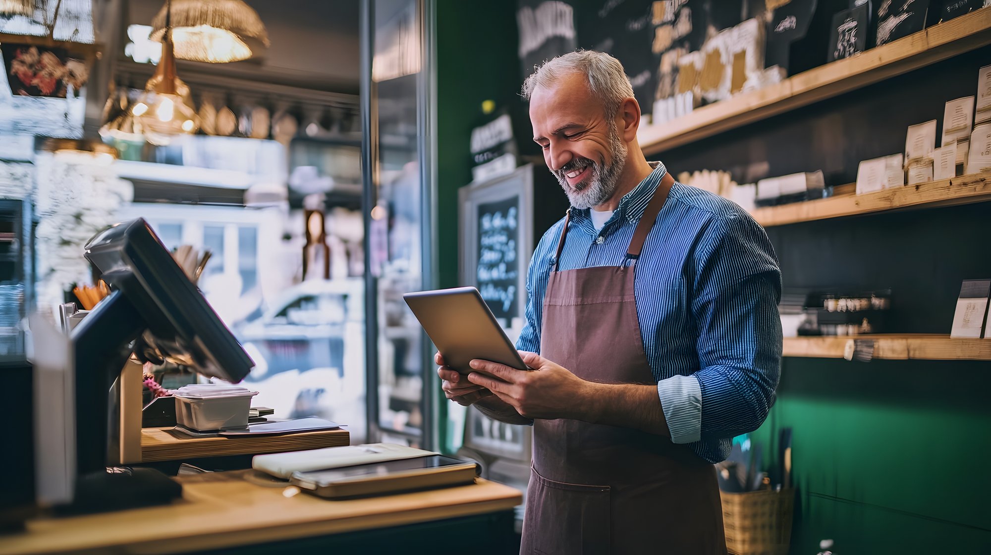 Smiling male business owner checks inventory on a tablet.