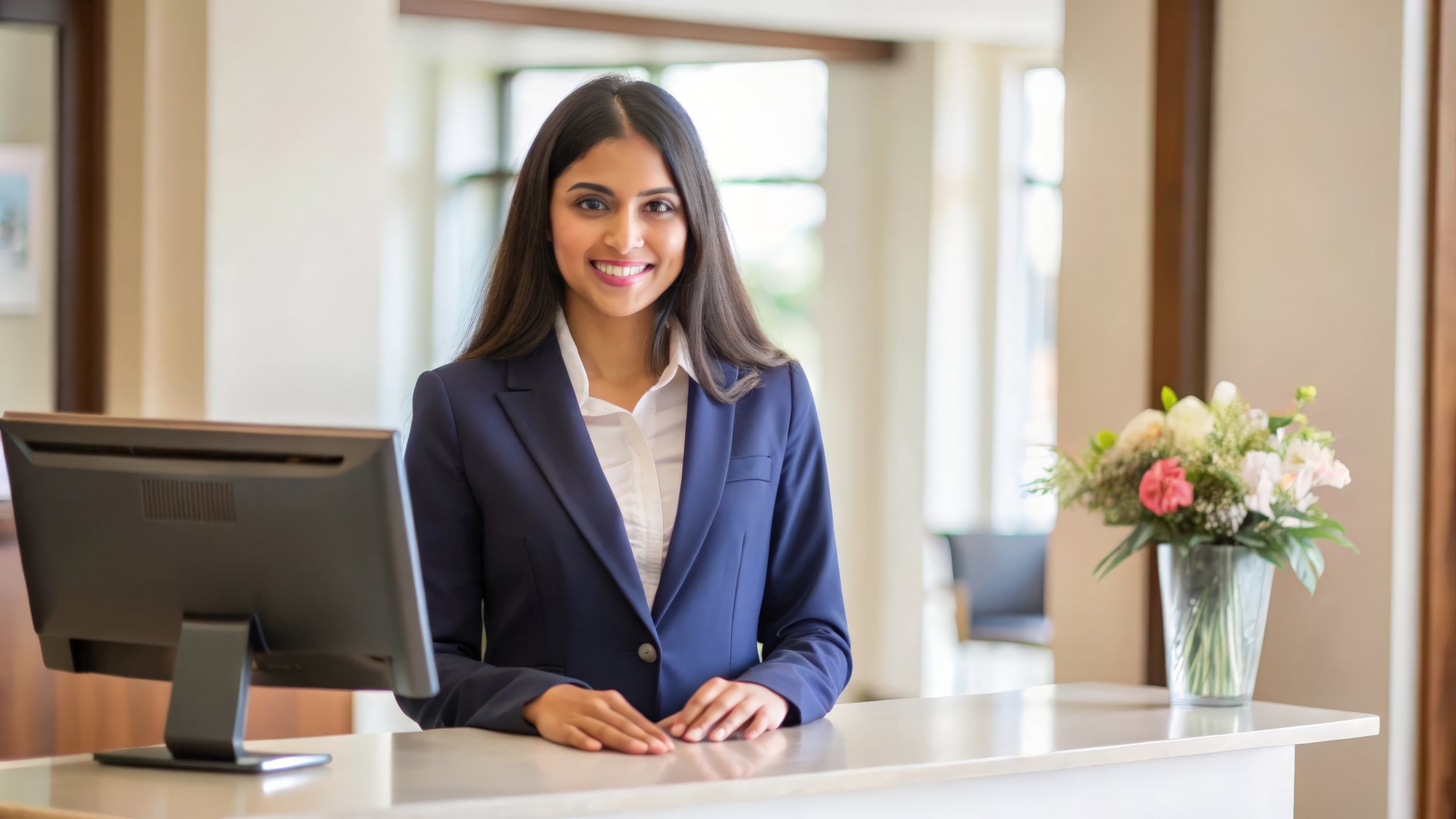 A woman behind a desk in a lobby, leveraging retail IT solutions to enhance business operations.