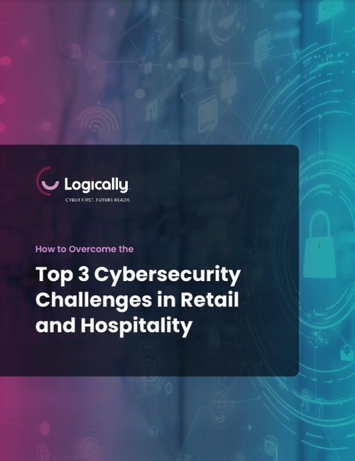 Digital graphic promoting cybersecurity challenges in retail and hospitality with a gradient background and technological icons.