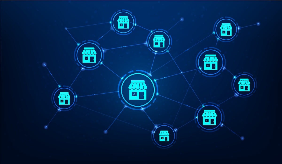 Network diagram with connected storefront icons on a dark background.