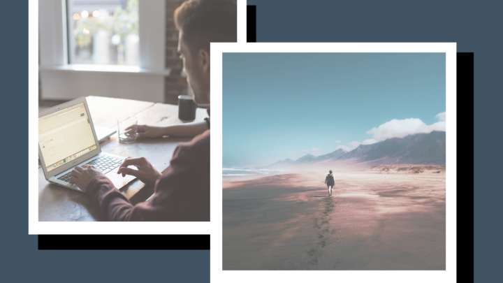 an image of two polaroid photos, one showing a male working using a laptop on a table and another showing a person walking on a beach with mountains in the background